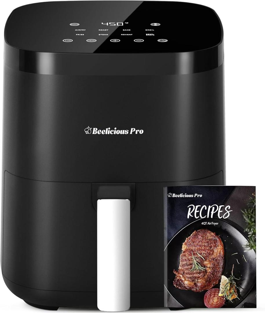 Air Fryer, Beelicious 8-in-1 Smart Compact 4QT Air Fryers, Shake Reminder, 450F Digital Airfryer with Flavor-Lock Tech, Tempered Glass Display, Dishwasher-Safe & Nonstick, Fit for 1-3 People, Black