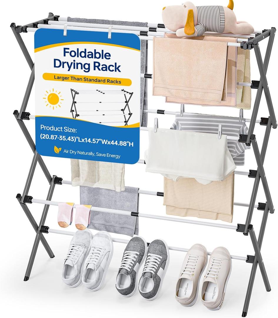 APEXCHASER Large Clothes Drying Rack, Metal Expandable Laundry Rack, 44.88" Height, Adjustable Width 20.87-35.43in, Space Saving Foldable, Indoor Outdoor Use for Laundry, Towels, Shoes, Grey White, Small