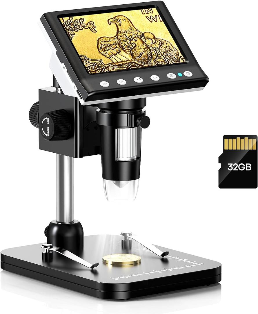 Hayve 4.3'' IPS Coin Microscope, 1000X Magnification Digital Microscope for AdultsCoin Collection Supplies with 8 Adjustable LEDsWindows Compatible32GB TF Card