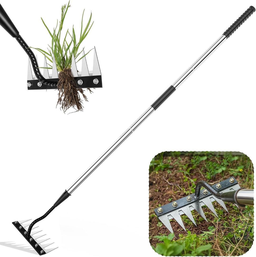 Iron Weeding Rake with Long Handle 2.0, Upgraded 8 Teeths Garden Weed Puller Tool Heavy Duty Gardening Tool for Lawn, Flower Beds & Soil Aeration