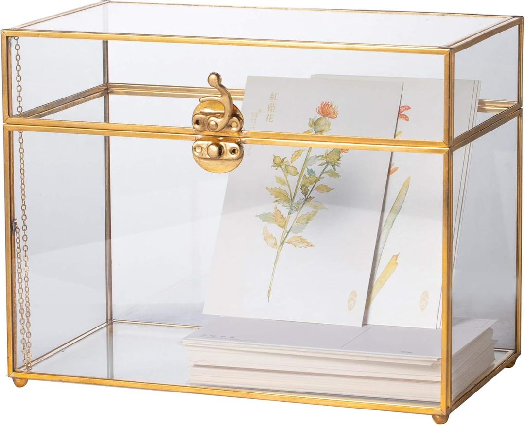 NCYP Small Glass Card Box with Lid for Wedding Reception - 9.8" x 5.6" x 7.7" - Rectangle Storage Terrarium for Party Wishwell Keepsake, Gold, Tabletop Decor (Glass Box Only, No Slot, No Lock)