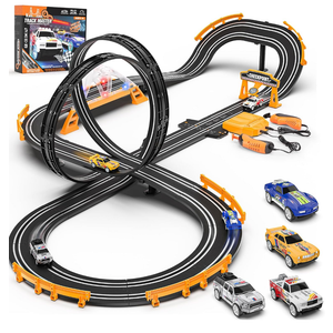 Slot Car Race Track Sets with 4 Slot Cars, Electric Race Car Track Include Slope Circular Overpass Track, Dual Racing Game Featuring Flash Bridge and Pendulum, Gifts Toys for Boys Kids Age 6 7 8-12