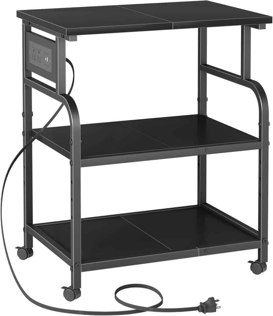 YAOHUOO 3 Tier Large Printer Stand with Power Outlet/Adjustable Storage Shelf, Rolling Cart with Wheels, Printer Table for Home Office 3D Printer/Heat Press/Laser, 22"x15" Black