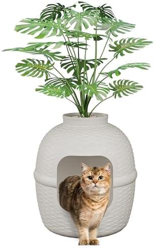 Hidden Litter Box with Faux Plant, Large Cat Litter Box with Rattan Pattern, Heavy Duty PP Material Litter Box Enclosure Furniture for Home Decor, Light Grey