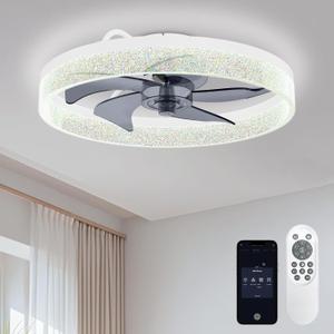 Modern Ceiling Fans with Lights:  Flush Mount Low Profile Ceiling Fan with APP Remote Control - White LED Bladeless Fandelier Dimmable Quiet DC Motor for Bedroom Living Room Glitter