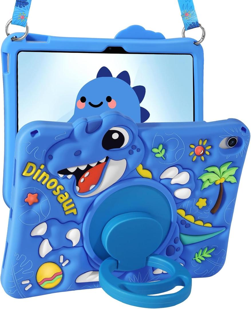 Boaretiu Tablet Case - Cute Cartoon Silicone Cover with Adjustable Shoulder Strap & Rotating Stand for Kids Boys Girls, for iPad 11th(A16) 2025 11 inch/10th Generation 10.9" 2022 Case, Blue Dinosaur