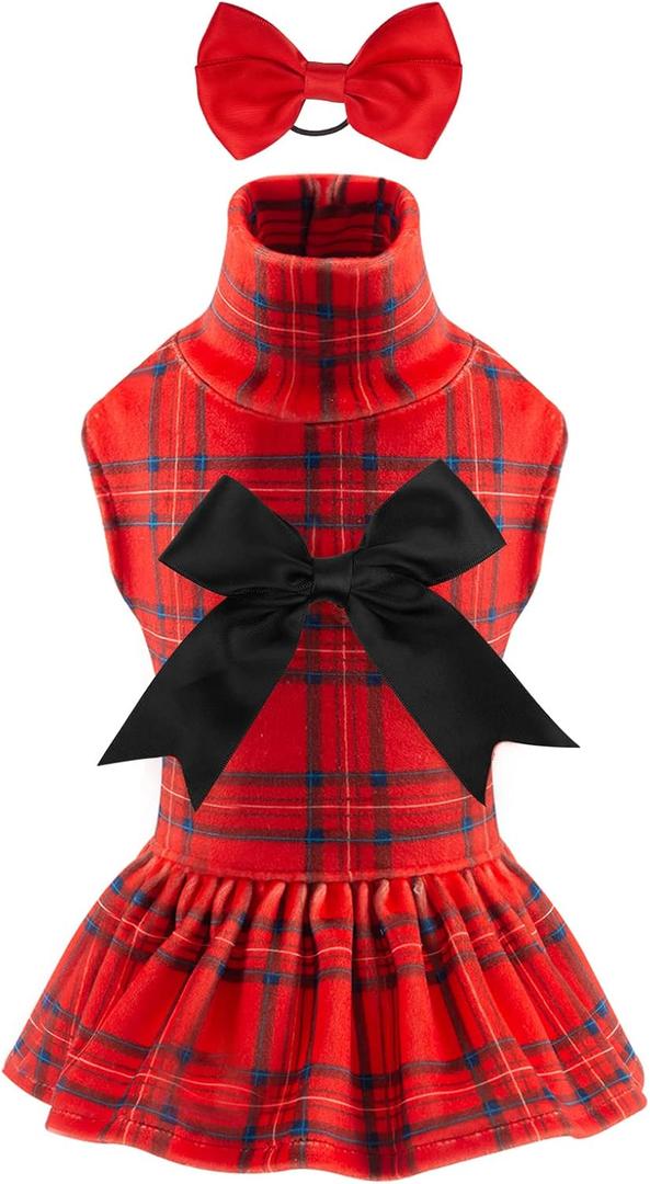 CuteBone Turtleneck Dog Christmas Dress Velvet Puppy Skirt Costume Pet Clothes Cat Apparel with Bow Hair Rope for Small Dogs CVD05M