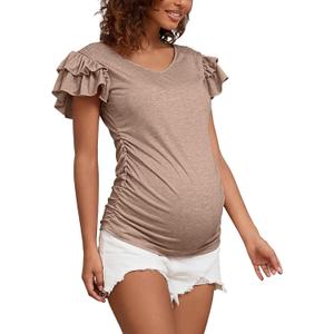 Bhome Maternity Summer Ruffle Tops,Casual Frilled V-Neck Short Sleeve Fitted Blouse Shirts Trendy for Women (M)