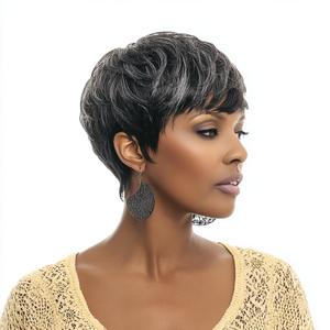 Pixie Curly Wigs Pixie Short Wigs for Black Women Short Natural Curly Wigs for Black Women Synthetic Layered Wigs with Bangs for Women (Mixing Black and gray)