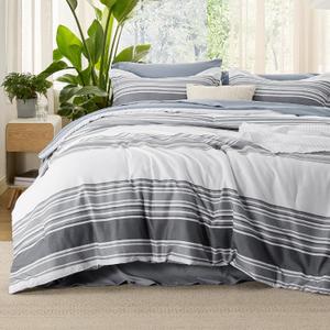 Bedsure Full Comforter Set 7 Pieces, Dark Grey Striped Bedding Set for All Seasons, Reversible, Cationic Dyeing Bed in a Bag with Comforter, Sheets, Pillowcases & Shams