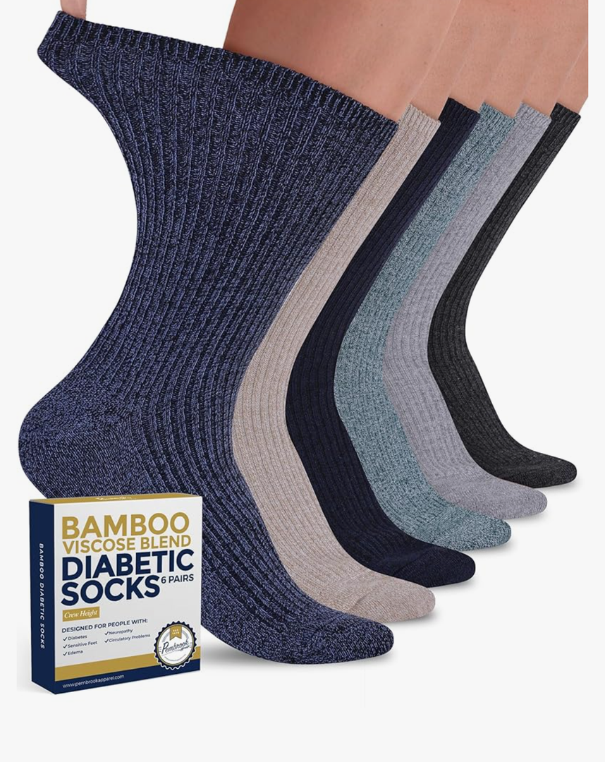 Pembrook Ribbed Knit Bamboo Viscose Diabetic Socks - 6 Pairs Crew Neuropathy Socks for Women | Diabetic Socks for Women,Size L