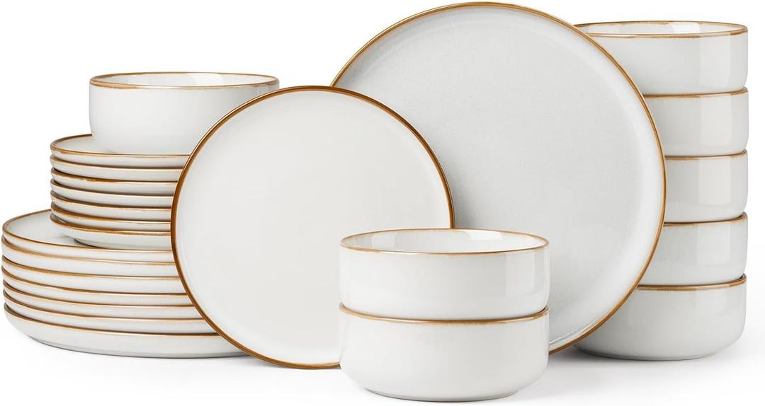 Herogo 24 Pieces Stoneware Dinnerware Dishes Sets for 8, Kitchen Handmade Dining Plates and Bowls Sets, Double Reactive Glaze, Microwave & Dishwasher Safe, Scratch Resistant, Ivory White