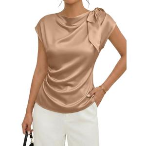 EVALESS Satin Blouses for Women Dressy Casual Trendy 2026 Summer Silk Tops | Cap Short Sleeve Cowl Neck Bow Tie Pleated Shirts,Work Office Business Professional Date Night Outfits,Fashion Spring Clothes, XL