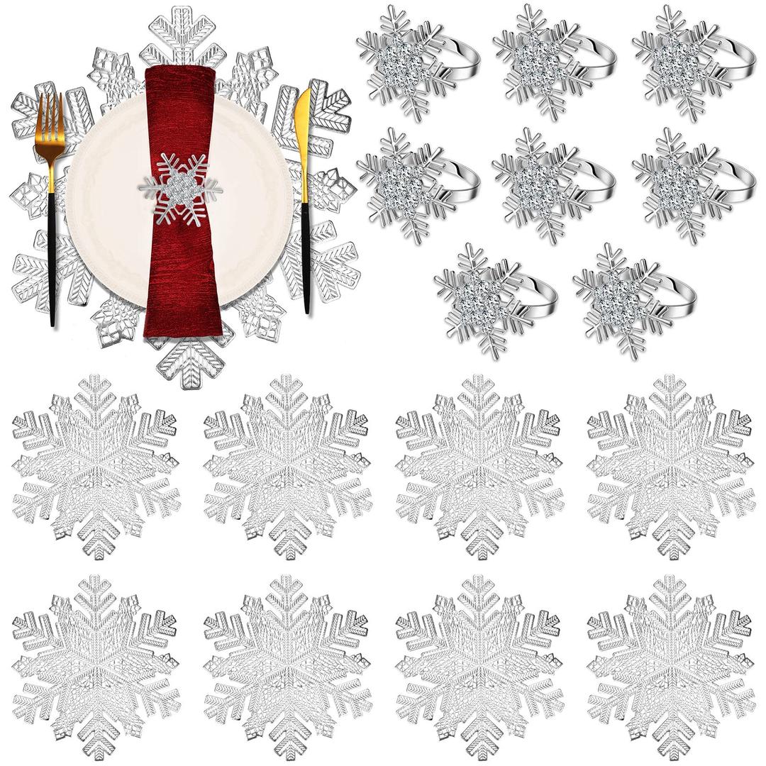 Set of 16 Christmas 8 Snowflake Placemats 8 Snowflake Metal Napkin Ring Vinyl Metallic PVC 15 Inch Silver Placemats Festival Holiday Party Wedding Table Decorations, Silver