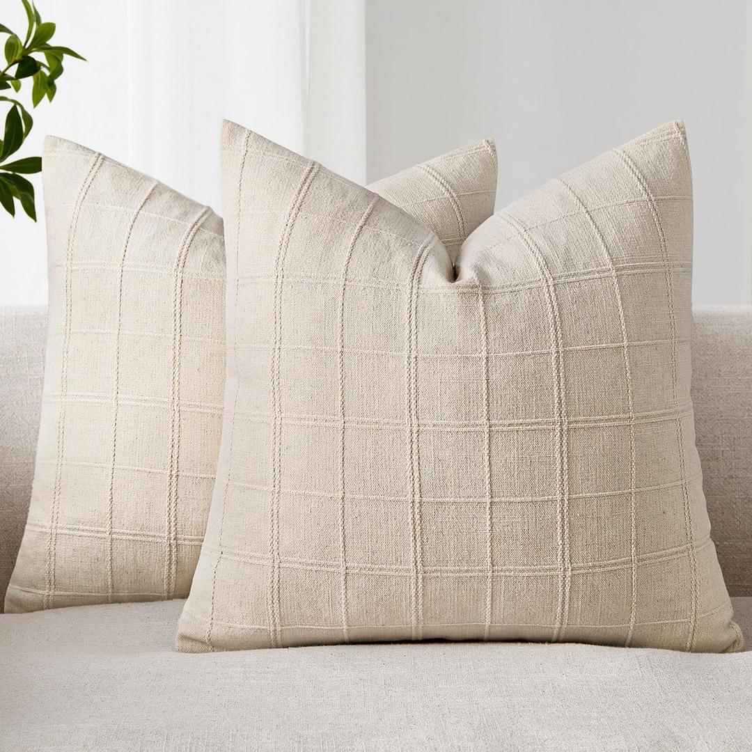 Woaboy Linen Check Throw Pillow Covers Set of 2 - Natural Beige Farmhouse Modern Boho Vintage Decorative Cushion Covers for Sofa Couch Bedroom Living Room Decor 18x18 Inch