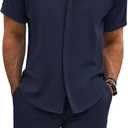 COOFANDY Men's Summer Beach Outfits 2 Piece Short Sleeve Shirts and Shorts Vacation Texture Linen Sets for Men (Blue)