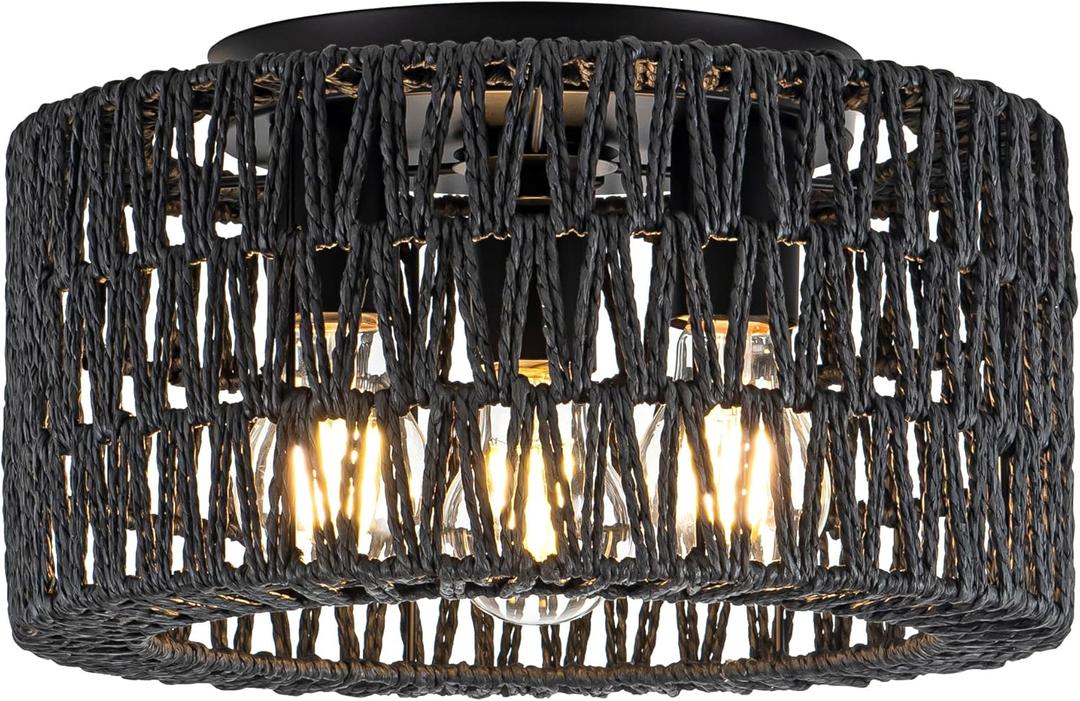 Rattan Ceiling Light Fixture, 3-Light Bohemian Modern Woven Ceiling Light, Black Boho Flush Mount Ceiling Light for Bedroom Living Room Dining Room, Bulb Not Included