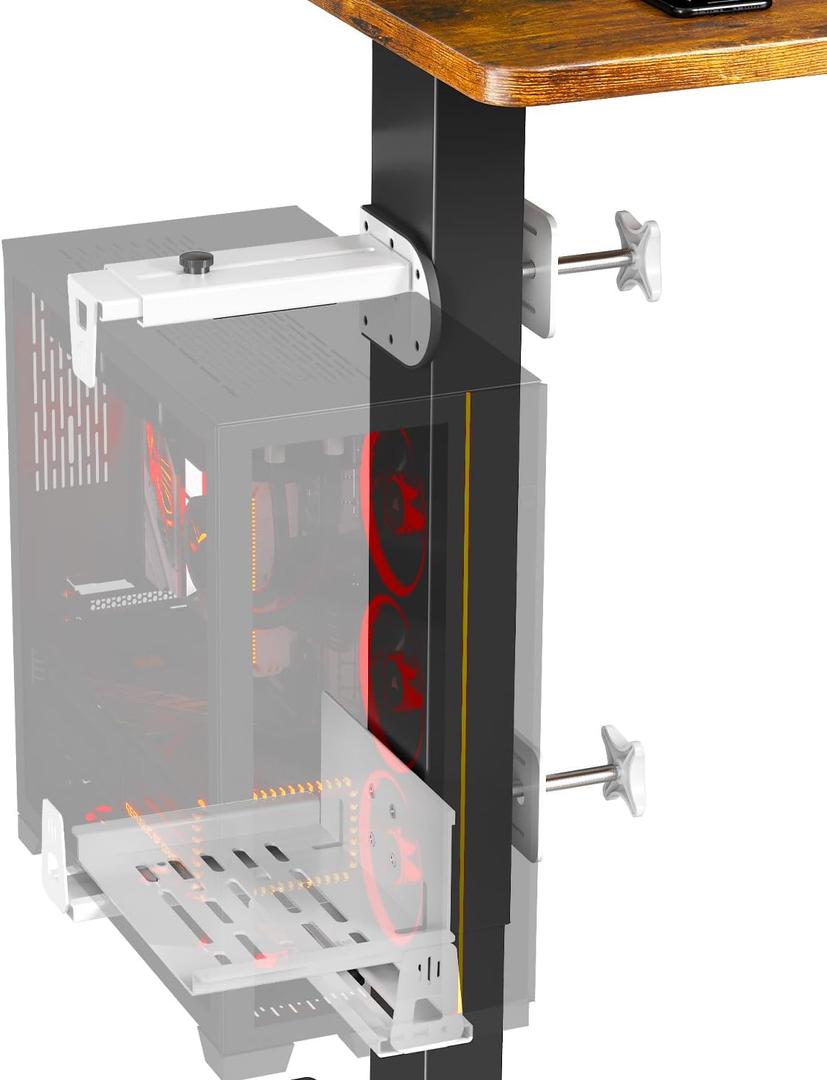 JOY worker Upgraded Under Desk PC Mount for Standing Desk, Clamp-On Desk Leg Computer Mount with Extra Protective Arms, Adjustable Computer Case CPU Holder Holds Up to 44lbs, White