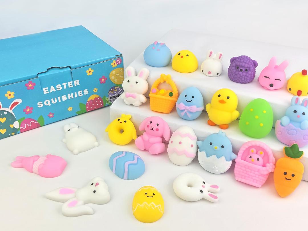 Non Candy Easter Egg Fillers Stuffers for Kids 24 PCS, Easter Mochi Squishy Fidget Toys Gifts Basket Essentials for Toddler, Mini Party Favors Supplies Prizes Goodie Treat Bag Trinkets for Boys Girls