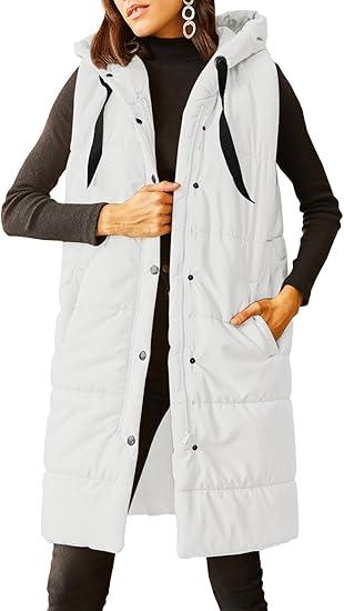 Grlasen Women's Long Quilted Puffer Vest Sleeveless Hooded Button Down Padded Coats Jacket Outerwear with Pockets (Large, White)