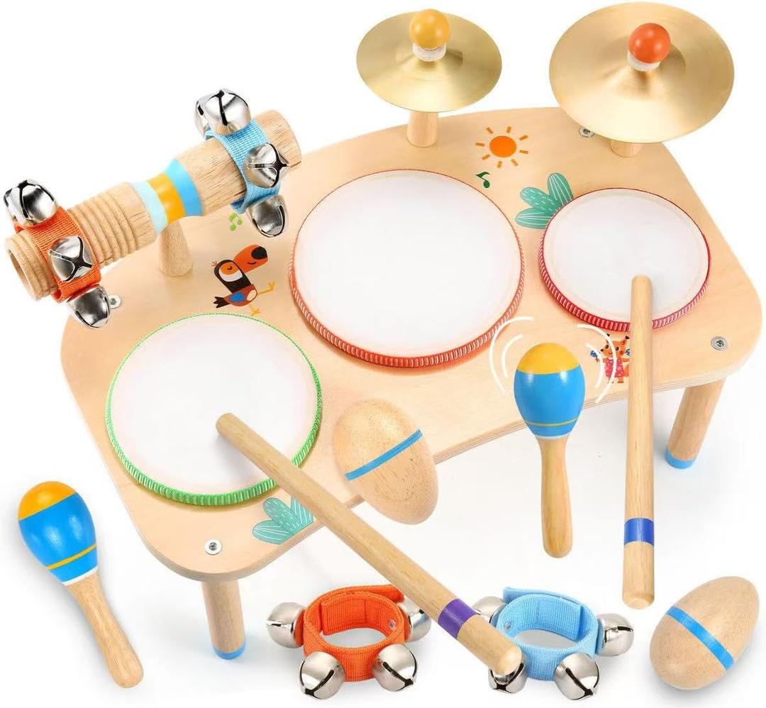 WINGYZ 11-in-1 Toddler Drum Set-Wooden Baby Musical Instruments for Toddlers 1-3 & Montessori Musical Toys,Music Table with Bongo Drums, Cymbals, Maracas & Wrist Bells for Early Rhythm Play, 16" L X 10.5" W X 10" H