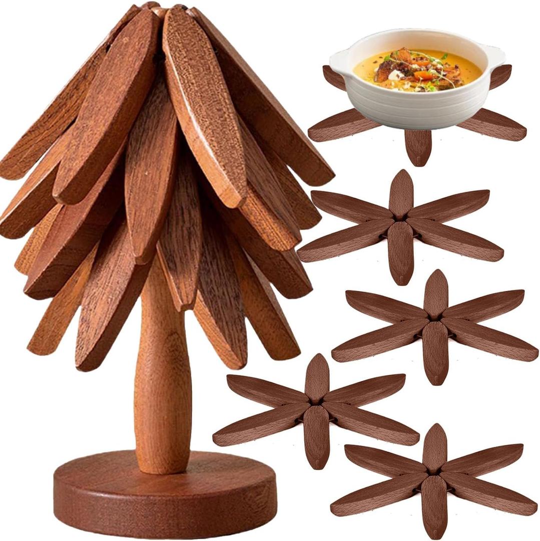 Tree Coasters Set of 4 - Wooden Trivets for Hot Dishes, Pot, Bowl, Coffee, Teapot (Brown-4)