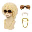 Mens 70s 80s Disco Blonde Curly Wig With Glasses Necklace Mustache and Wig Cap Natural Fluffy for Rocker Halloween Costume Cosplay