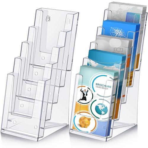 Dunzoom 2 Pcs 5 Tier Acrylic Brochure Holder, 4 Inch Clear Brochure Display Stand Multi Pocket Pamphlet Holder Literature Rack Organizer for Removable Divider Wall Mount or Countertop