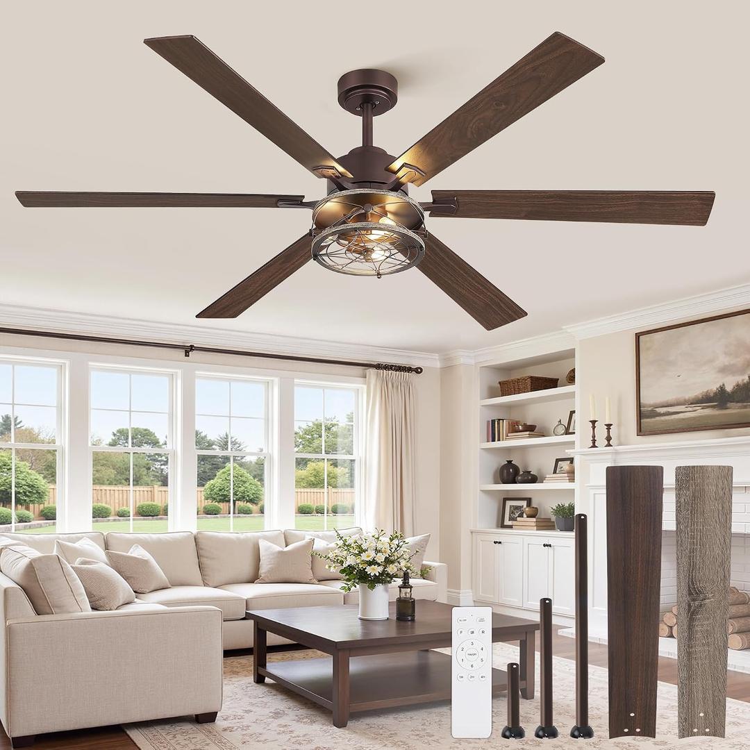 65 Inch Farmhouse Ceiling Fan with Lights and Remote,Oil Bronze
Industrial Cage, Reversible DC Motor, 6 Speeds, Double-Sided 6 Blades, Noiseless for Bedroom, Living Room, Garage