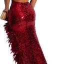 AlexQueen Women's Sexy Spaghetti Strap V Neck Mesh See Through Bodycon Sequin Gown Evening Dress with Slit (Red, L)