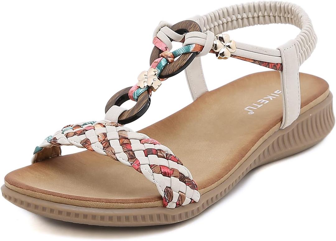 Unifizz Women's Summer Sandals Comfortable T-Strap Flower Beaded Classic Flat Elastic Sandals Dress Shoes for Outdoor Beach Wedding (8)