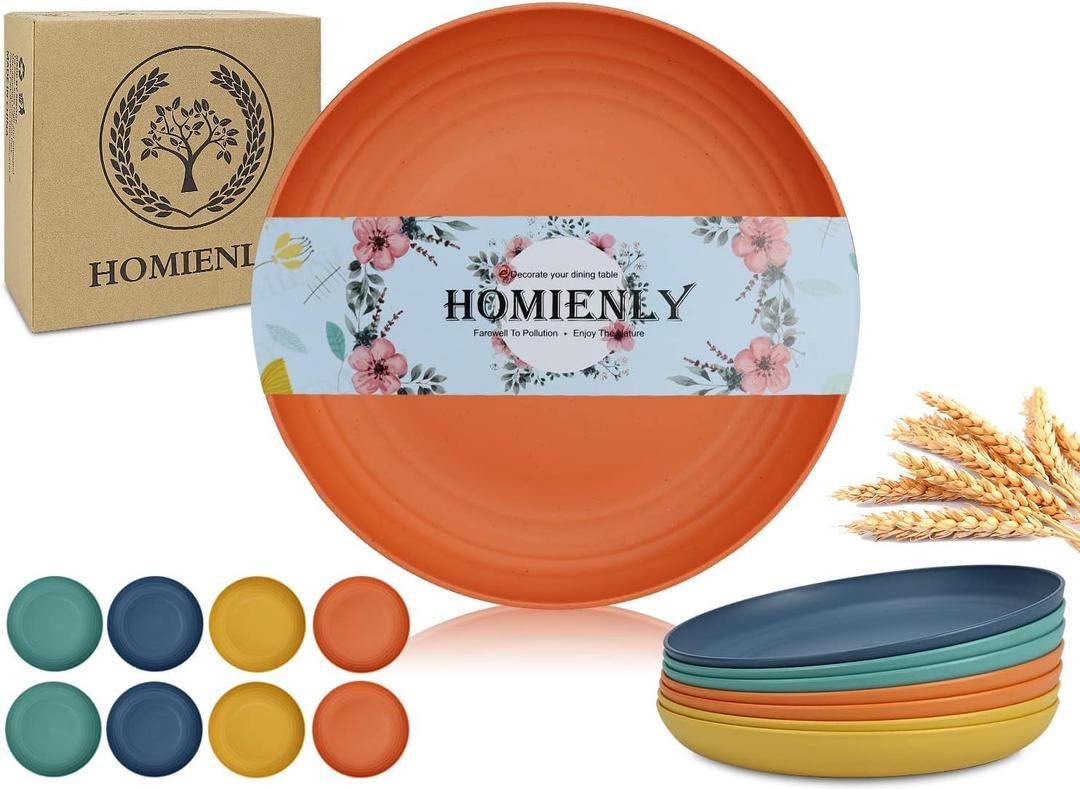 Homienly Wheat Straw Dinner Plates Set of 8 - Alternative to Plastic, Microwave & Dishwasher Safe, Unbreakable Kids Plates with 4 Colors (Colorful, 8 inch) (Classic Bright)