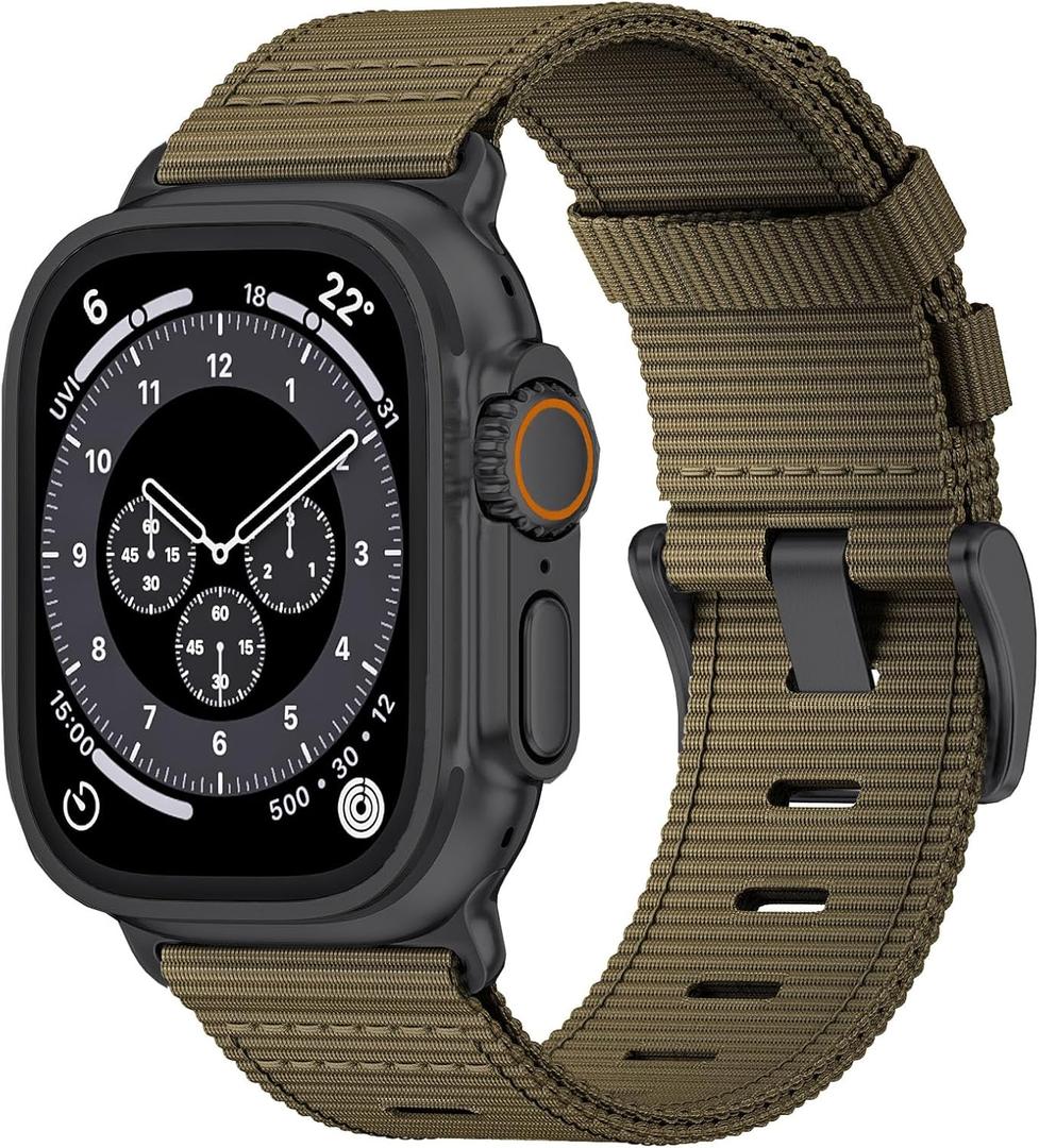 Nylon Watch Band for Apple Watch Ultra 3/2/1 Band 49mm 46mm 45mm 44mm 42mm(Series 1 2 3), Adjustable Breathable iWatch Straps for Apple Watch Ultra Bands for Men 11/10/9/8/7/6/SE/5/4/3/2/1 (Khaki (Black buckle))