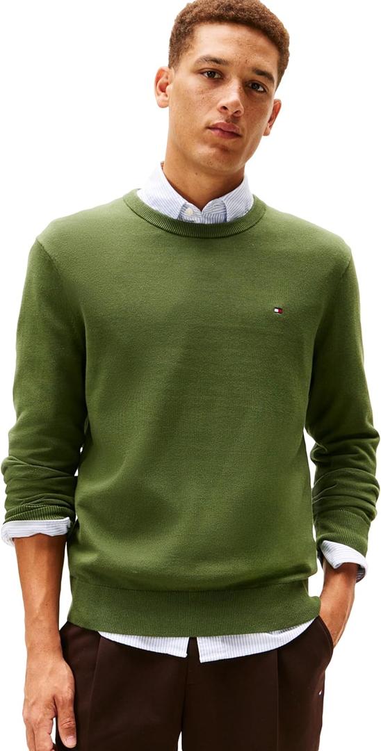 Tommy Hilfiger Mens Cotton Solid Crewneck Sweater Lightweight Pullover,  (Medium, Mountain Pine)
