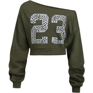 WDIRARA Women's Jersey Shirts Leopard Number Graphic Off the Shoulder Sweatshirt Crop Tops (XS)