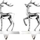 Klikel Reindeer Stocking Hanger Set of 2 - Shiny Silver Metal Christmas Stocking Holder For Fireplace Mantle - Heavy Duty, Left Facing