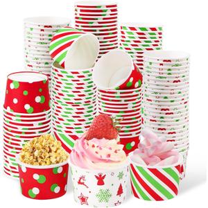 Grencian 120PCS Christmas Snack Cups 12 oz Christmas Disposable Ice Cream Cups Xmas Dessert Treat Paper Bowls Snowflake Striped Polka Spots Decorative Paper Bowl for Xmas Winter Holiday Party Supplies