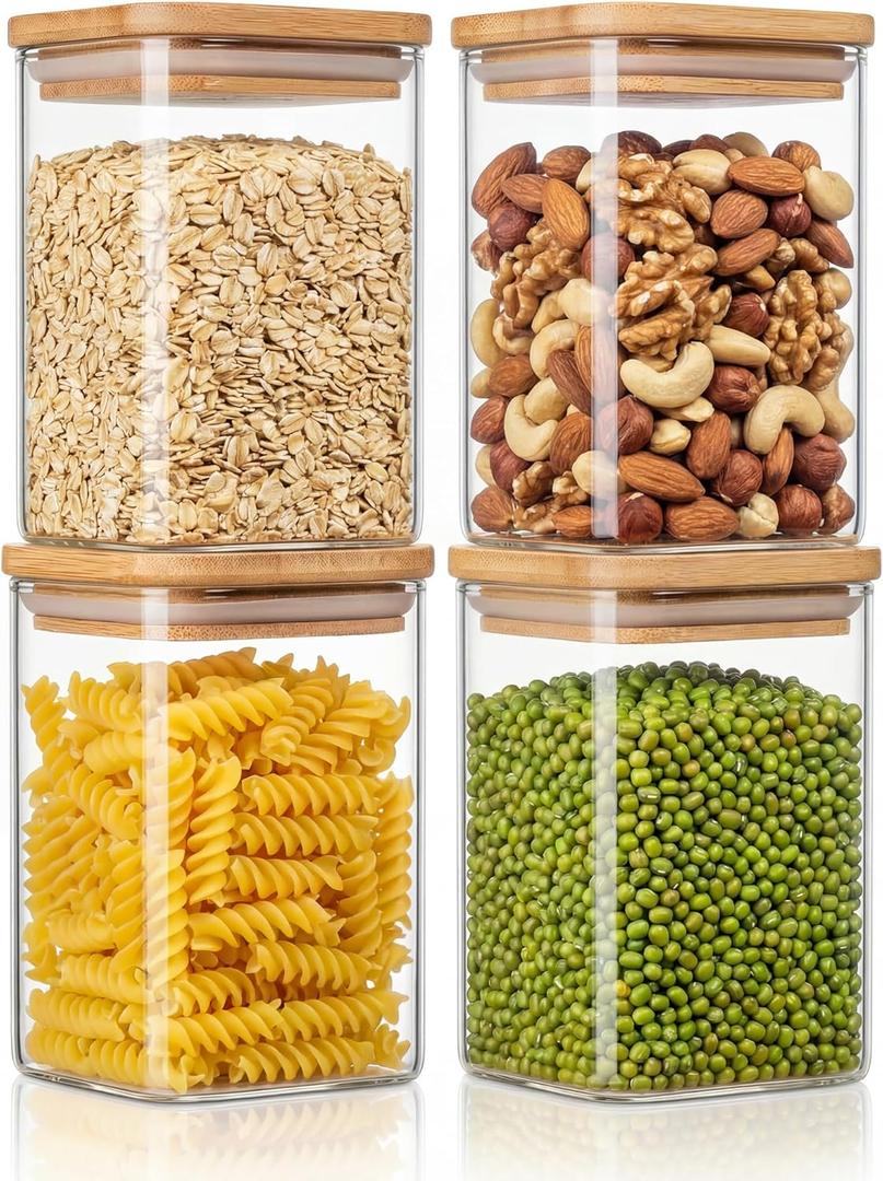 Square Glass Storage Jars, 4 Pack Glass Jars with Bamboo Lids, Clear Spice Canister