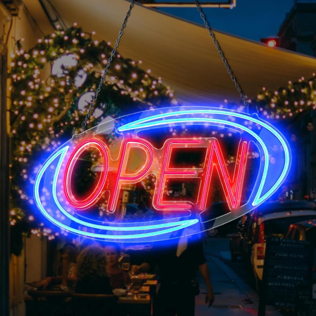 Open Signs for Business,Neon Open Sign Led,24"x 12",Remote Control Open/Closed Bussiness Hour Sign Set,Light for Bar Coffee Salon Store Window,12V/2A Adapter with ON/OFF Switch (Blue/Red Oval)