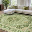 Area Rugs 9'x12' Washable Non-Slip, Floral Vintage Distress Print Pattern Medallion Carpet for Living Room Bedroom Dining Room, Sage Green Yellow