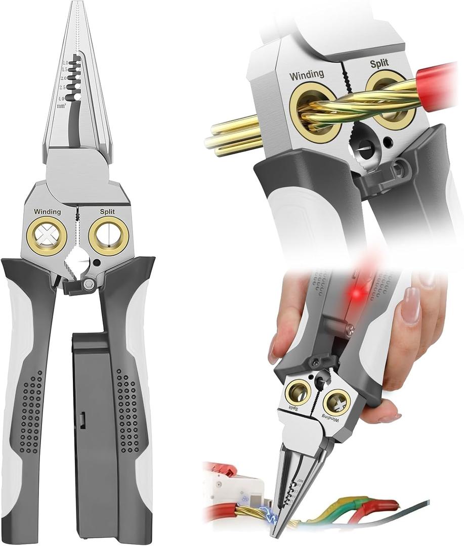 GADO Pro 8-in-1 Wire Stripper/Cutter with Voltage Tester & Dual Alarms - Heavy Duty 12-250V AC/DC Electrical Tester for Hot/Neutral Wires - Electrician, HVAC, Car Repair Tool (Gray)