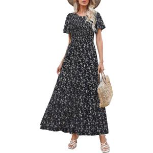 Kranda Women 2025 Summer Fall Crewneck Short Sleeve Smocked Floral Maxi Dress, Size: M