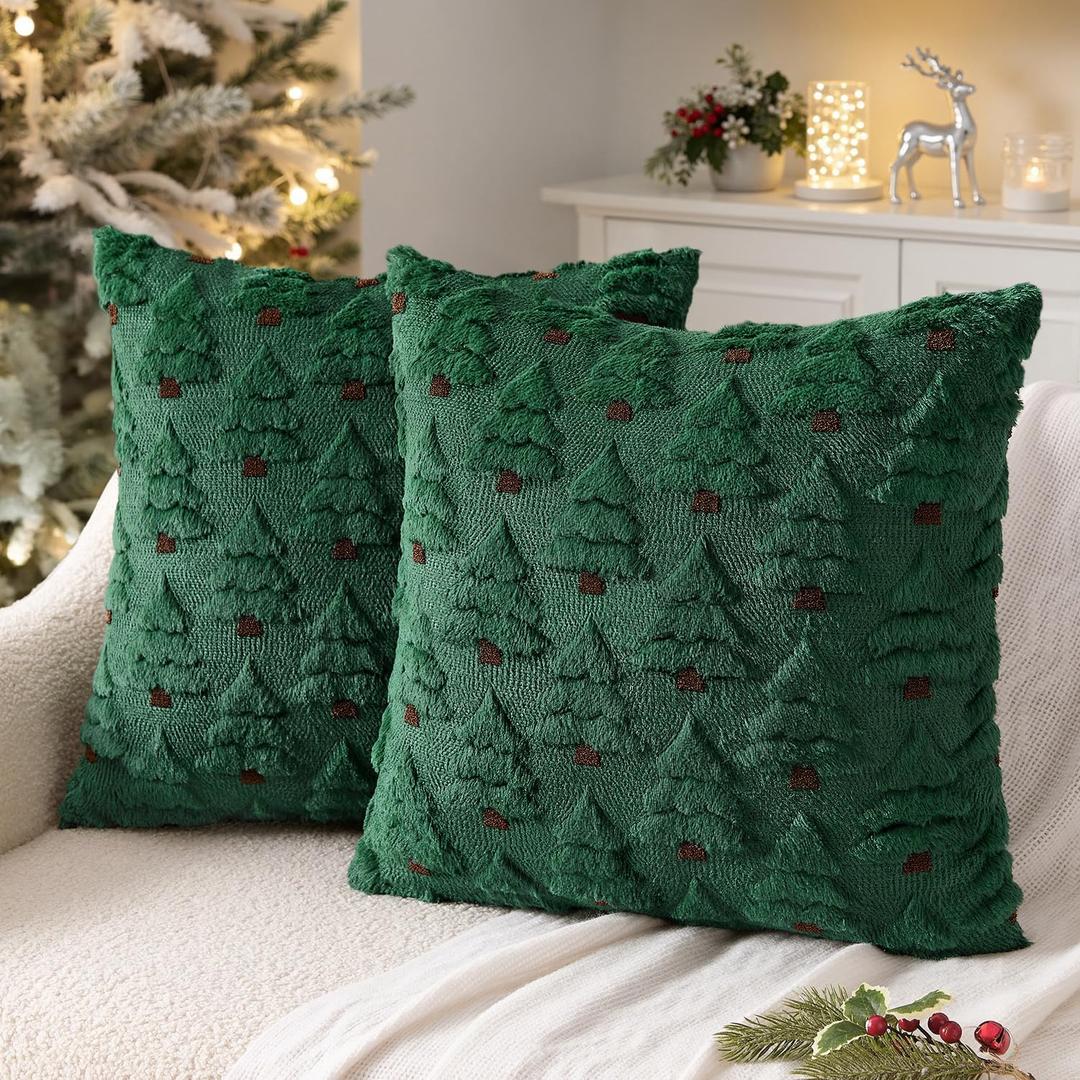 MIULEE Christmas Tree Decorative Pillow Covers Faux Fur Wool Throw Pillows Soft Plush Cushion Covers Set of 2 Xmas Home Decor Winter Holiday for Sofa Couch Livingroom Bed 18x18 Inch Dark Green