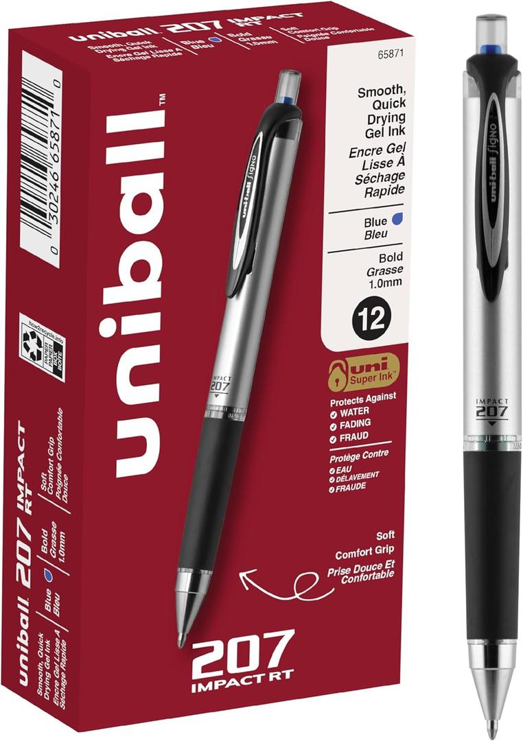 uniball 207 Impact Gel Pen, Retractable, Bold 1 Mm, Blue Ink, Black/blue Barrel