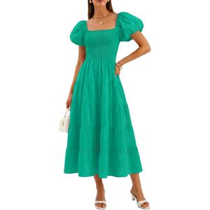 ZESICA Women Summer Puff Sleeve Boho Wedding Guest Midi Dress | High Wasit, Backless, Flowy A Line Tiered, 2026 Trendy, Casual Beach Vacation, Baby Shower Tea Party, Soft Lightweight Fabric (Green)