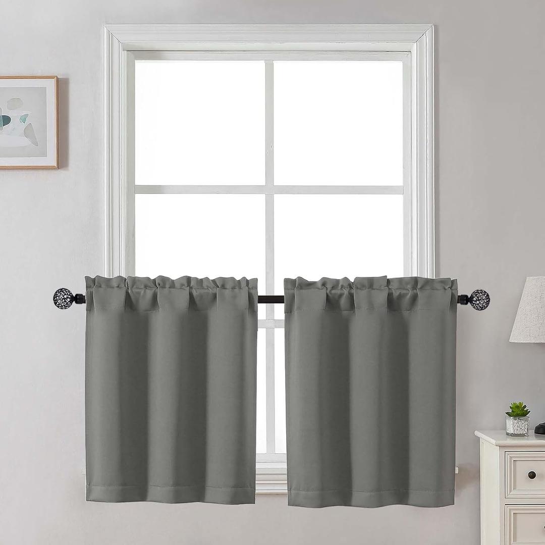 Gwine 24 Inch Long Tier Curtains for Small Window, Short Blackout Kitchen Curtains Over Sink, Half Window Drapes for Bedroom Bathroom Basement, 2 PCS, Each 30" Wx24 L, Light Grey