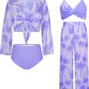 GRACE KARIN Teen Girls Bathing Suits Kids 4 Piece Long Sleeve Swimsuit Kimono Up Pants Bikini Tankini Set Swimwear (10-12 Years, Purple-coconut Tree)
