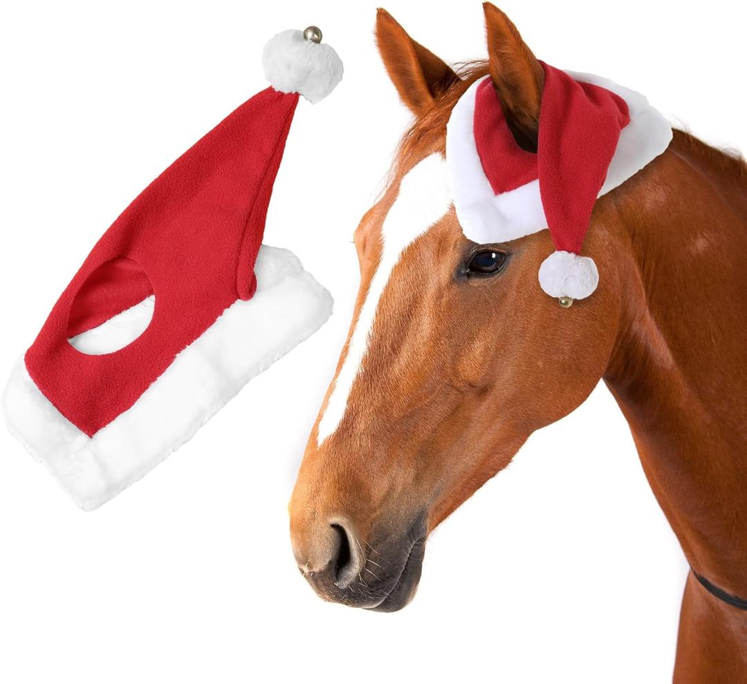 Santa Hat for Horse Equestrian Christmas Holiday Fleece Cap with Jingle Bell,Pet Costumes Christmas One Ear Slip On