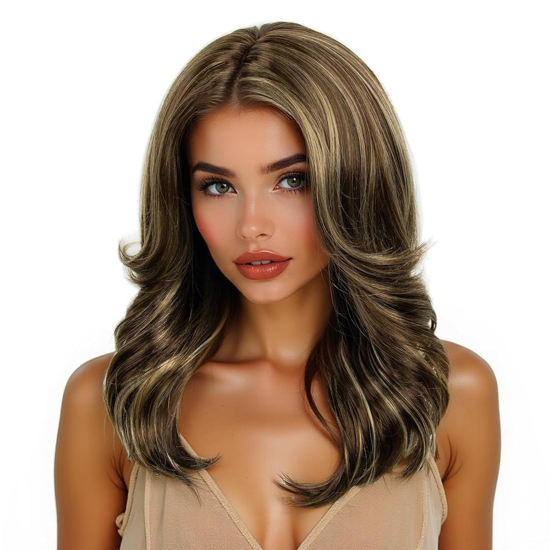 Brown Long Layered Synthetic Hair Wigs for Women with Bang Mixed Blonde for Daily Party Use (W6237#8H124-613)
