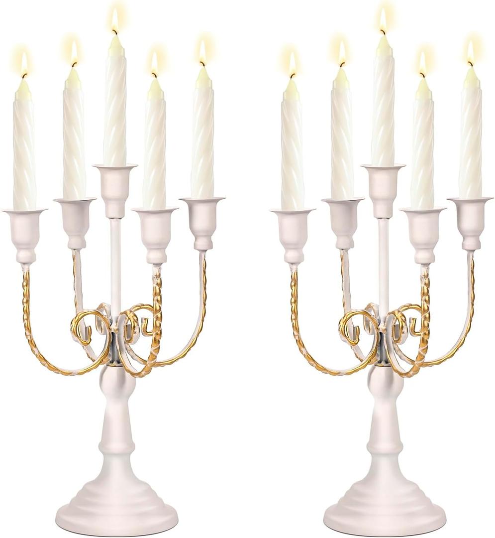Candelabra Holder 11.8" 5 Candle Candelabras White Candle Holders Metal Candlestick Holders for Candles Floral Table Centerpieces for Holiday Kitchen Reception Fiesta Decorations, 2Pcs